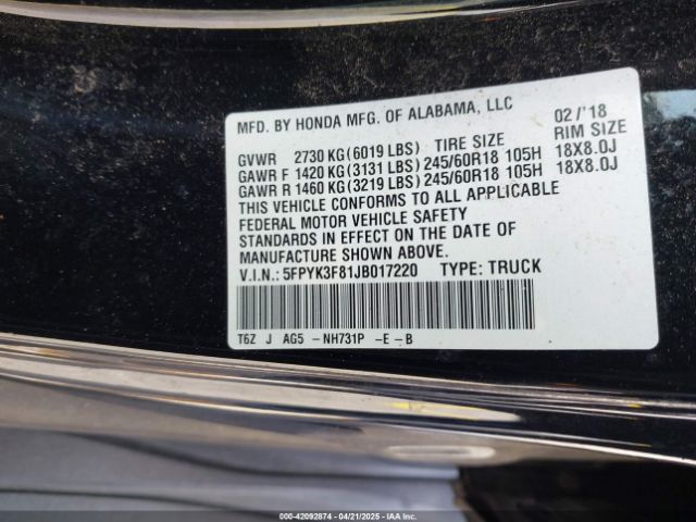 5FPYK3F81JB017220 Honda Ridgeline Black Edition