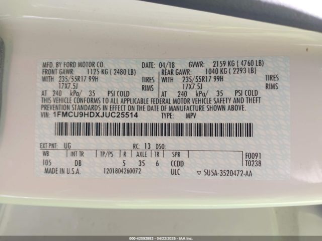 1FMCU9HDXJUC25514 Ford ESCAPE SEL