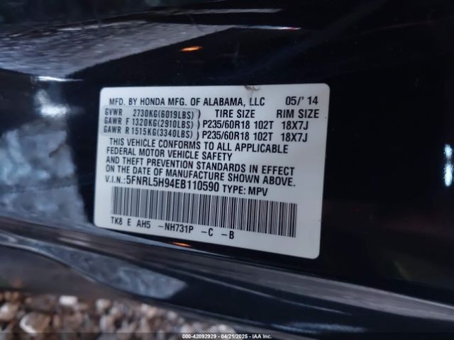 5FNRL5H94EB110590 Honda Odyssey Touring/touring Elite