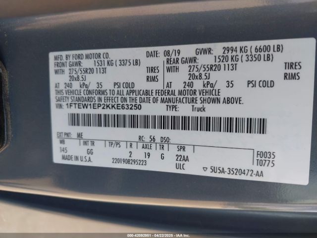 1FTEW1EP2KKE63250 Ford F-150 Xl