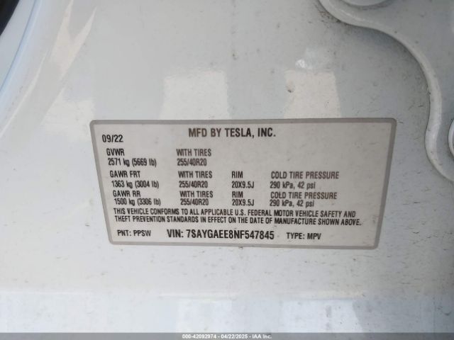 7SAYGAEE8NF547845 Tesla Model Y