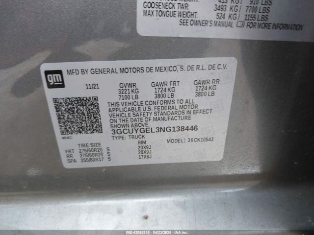 3GCUYGEL3NG138446 Chevrolet l87
