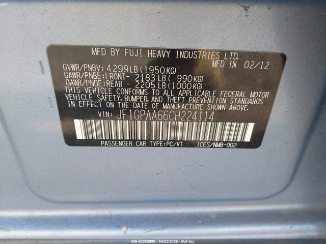 Продаж на аукціоні авто 2012 Subaru Impreza 2.0i, vin: JF1GPAA66CH224114, номер лоту: 42092990