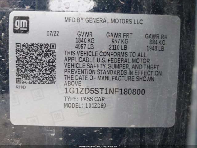 1G1ZD5ST1NF180800 Chevrolet Malibu Fwd Lt