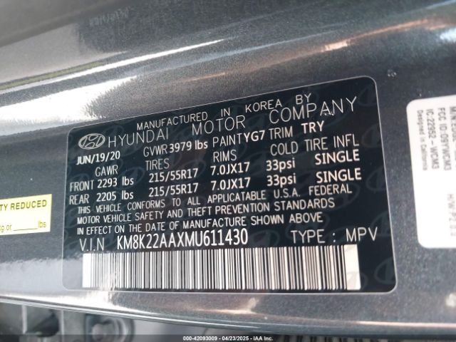 KM8K22AAXMU611430 Hyundai mpi nu