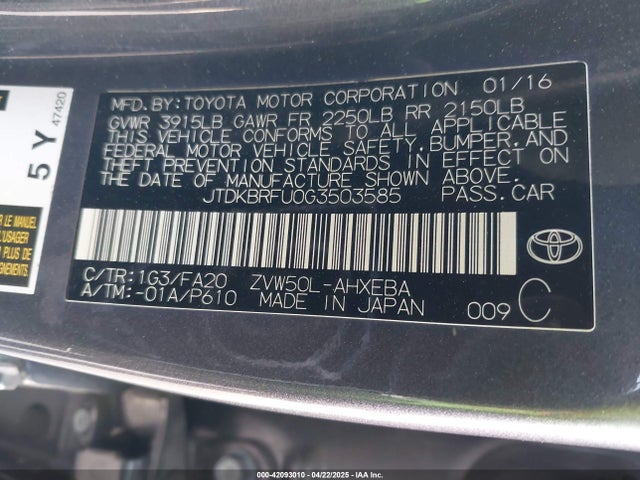 JTDKBRFU0G3503585 Toyota Prius Two