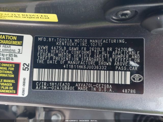 4T1B11HK6JU036332 Toyota CAMRY SE