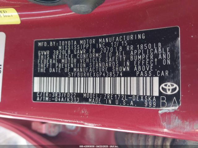 5YFBURHEXGP438574 Toyota Corolla S Plus