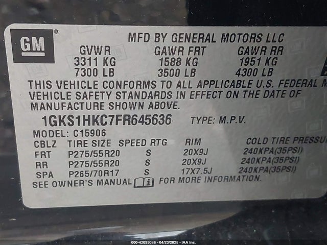 1GKS1HKC7FR645636 GMC l83 - vvt, active fuel management, aluminum