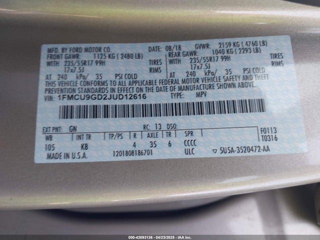 1FMCU9GD2JUD12616 Ford ESCAPE SE