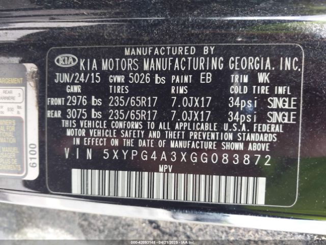 5XYPG4A3XGG083872 KIA Sorento 2.4l Lx