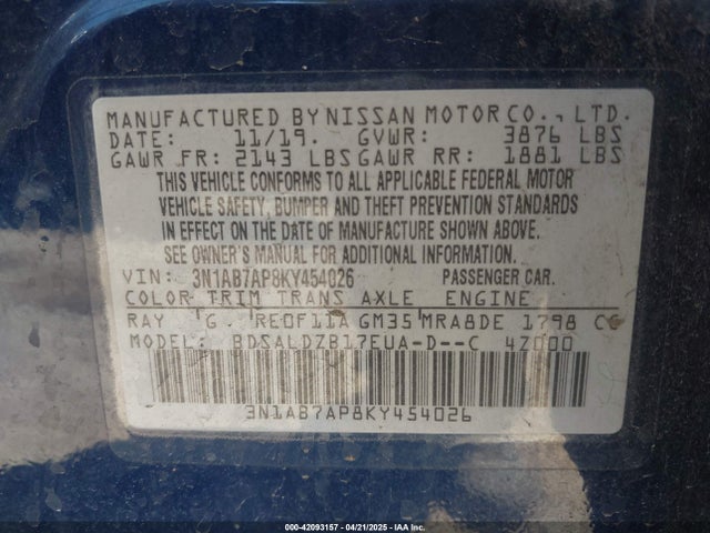 3N1AB7AP8KY454026 Nissan SENTRA SV