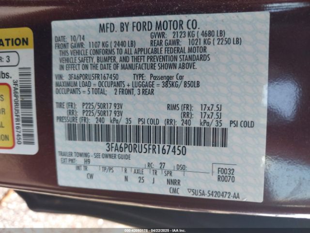 3FA6P0RU5FR167450 Ford Fusion Hybrid Titanium
