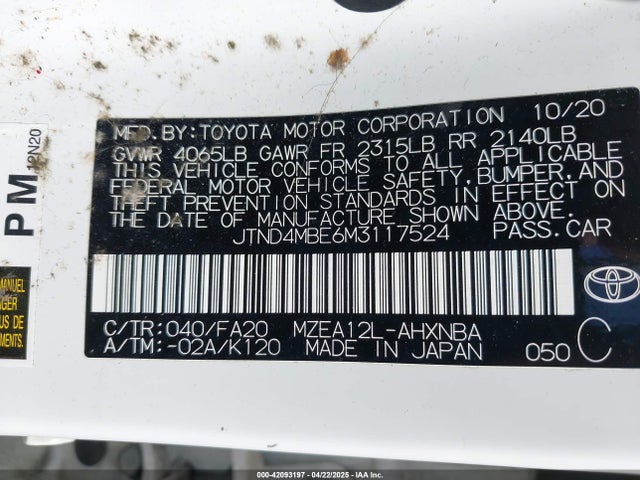 JTND4MBE6M3117524 Toyota m20a-fks