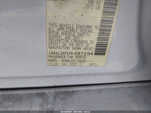 1N4AL3AP1FN397194 Nissan Altima 2.5/2.5 S/2.5 Sl/2.5 Sv