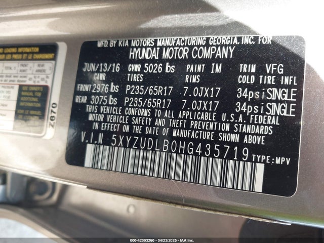 5XYZUDLB0HG435719 Hyundai Santa Fe Sport 2.4l