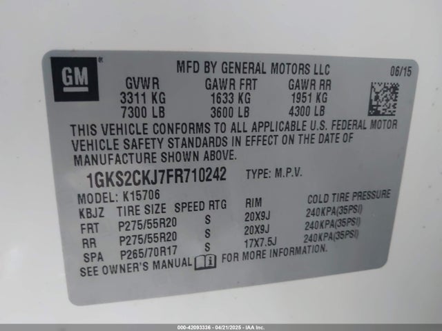 GMC l86 - vvt, afm, e85 max, aluminum 2015 1GKS2CKJ7FR710242 Image 9