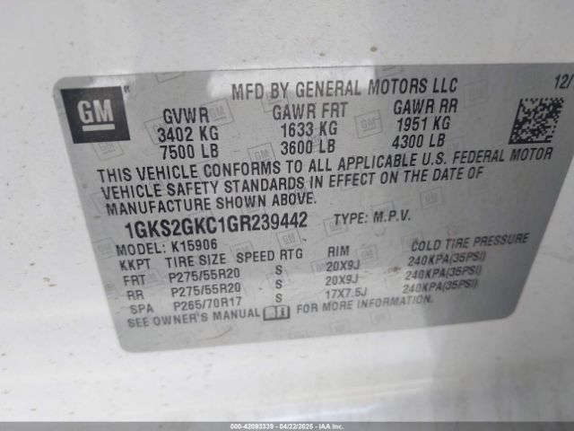 1GKS2GKC1GR239442 GMC Yukon Xl Slt