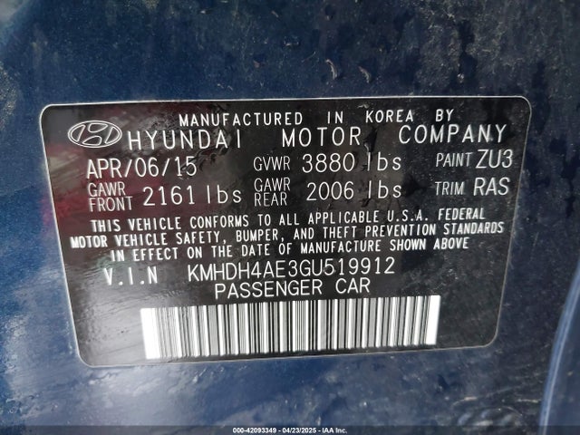 KMHDH4AE3GU519912 Hyundai ELANTRA SE