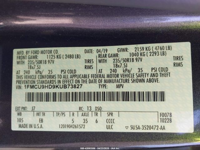 1FMCU9HD9KUB73827 Ford ESCAPE SEL