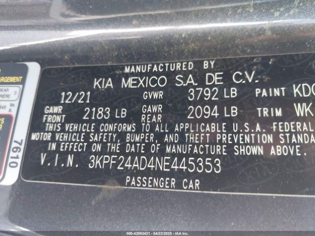 3KPF24AD4NE445353 KIA mpi nu