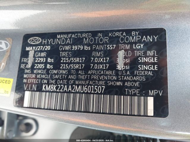 KM8K22AA2MU601507 Hyundai Kona Sel