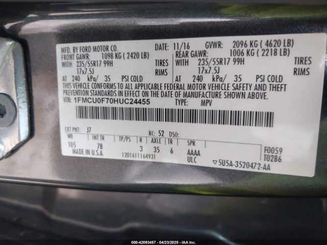 2017 FORD ESCAPE 1FMCU0F70HUC24455 Photo 8