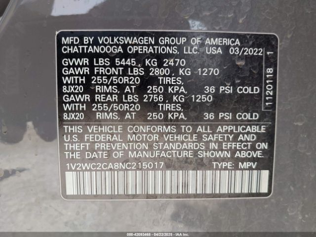 1V2WC2CA8NC215017 Volkswagen Atlas Cross Sport 2.0t Se W/technology