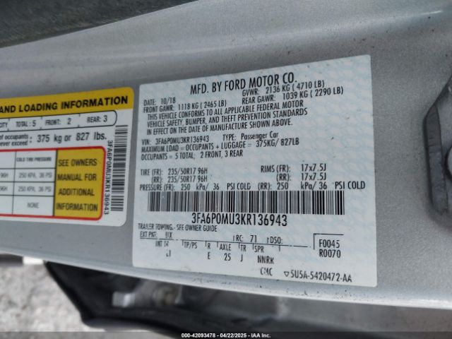 3FA6P0MU3KR136943 Ford Fusion Hybrid Sel