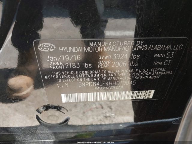 5NPD84LF4HH010045 Hyundai Elantra Limited