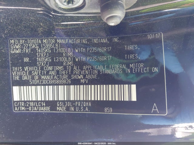 5TDYZ3DC6HS899826 Toyota Sienna Xle Premium 8 Passenger