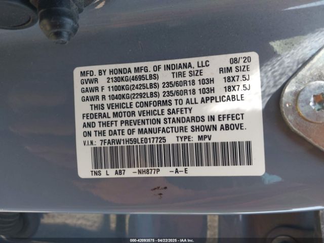 7FARW1H59LE017725 Honda Cr-v 2wd Ex