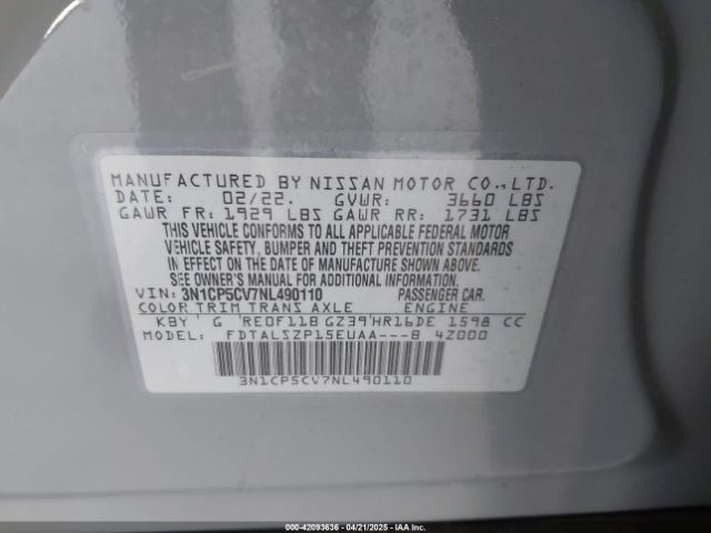 3N1CP5CV7NL490110 Nissan Kicks Sv Xtronic Cvt
