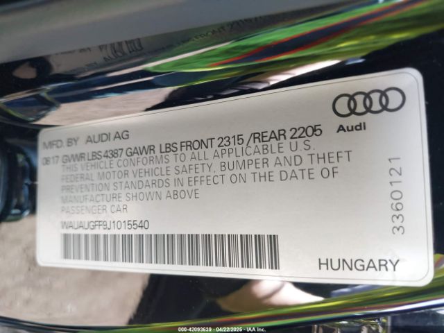 WAUAUGFF9J1015540 Audi A3 2.0t Premium/2.0t Tech Premium
