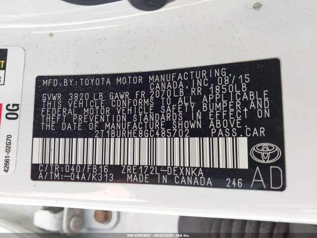 2T1BURHE8GC485702 Toyota COROLLA LE
