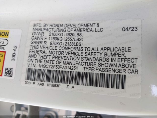 1HGCY2F58PA014254 Honda Accord Hybrid Sport