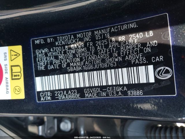 58ABK1GG6JU108763 Lexus ES 350