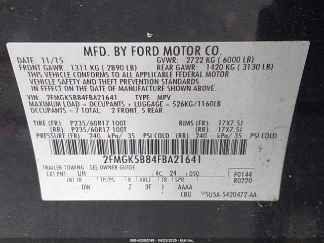 2FMGK5B84FBA21641 Ford FLEX SE