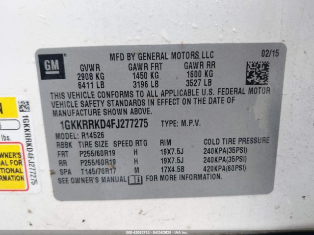 1GKKRRKD4FJ277275 GMC Acadia Slt-1