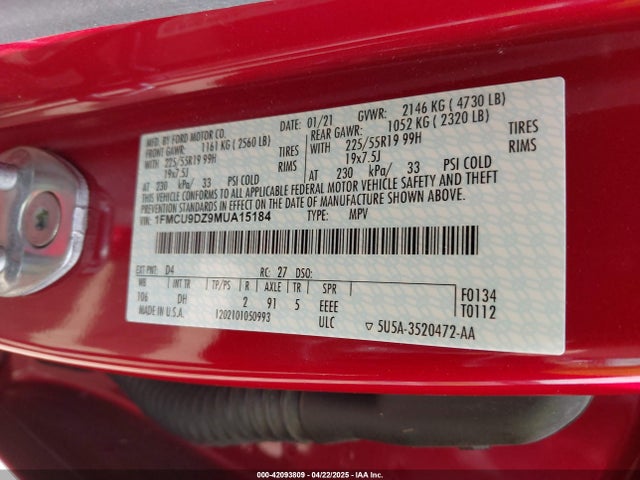 1FMCU9DZ9MUA15184 Ford Escape Titanium Hybrid