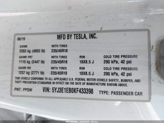 2019 TESLA MODEL 3 5YJ3E1EB0KF433398 Photo 8