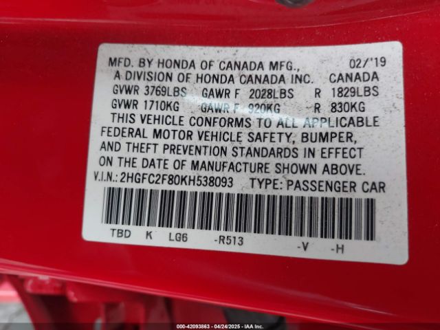 2HGFC2F80KH538093 Honda Civic Sport