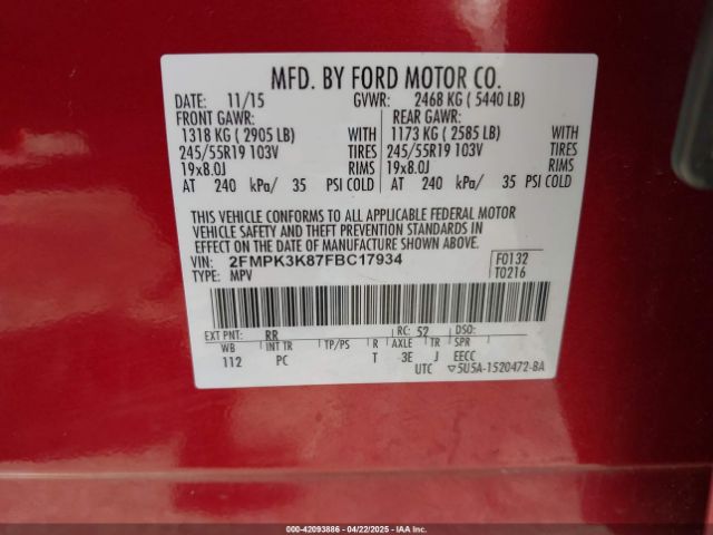 2FMPK3K87FBC17934 Ford Edge Titanium