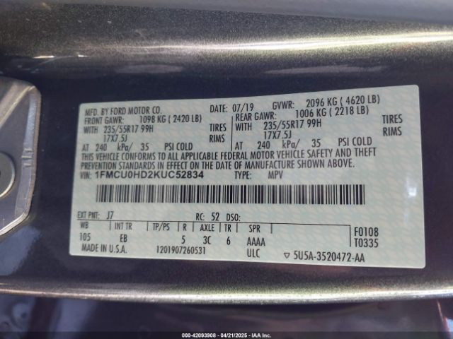 1FMCU0HD2KUC52834 Ford ESCAPE SEL