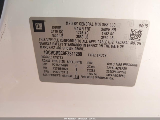 1GCRCREC9FZ311288 Chevrolet Silverado 1500 1lt