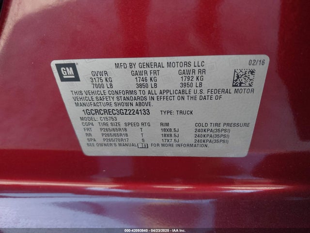 1GCRCREC3GZ224133 Chevrolet Silverado 1500 1lt