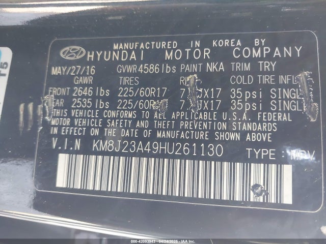 KM8J23A49HU261130 Hyundai TUCSON SE