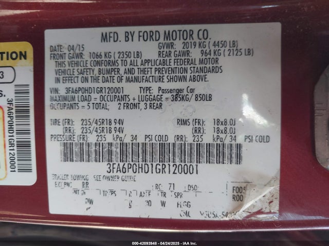 Ford FUSION SE 2016 3FA6P0HD1GR120001 Image 9