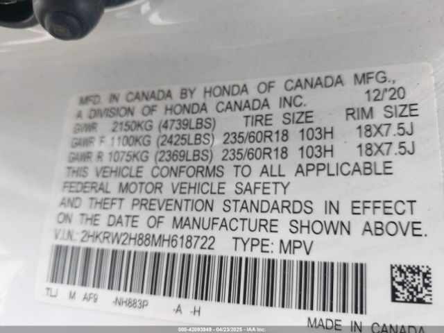 2HKRW2H88MH618722 Honda Cr-v Awd Ex-l
