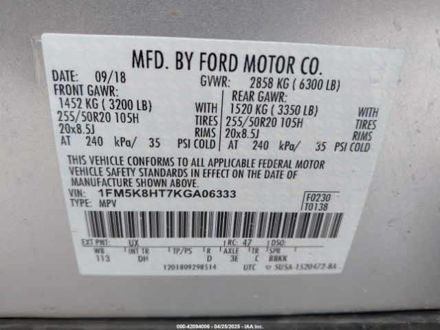 1FM5K8HT7KGA06333 Ford Explorer Platinum